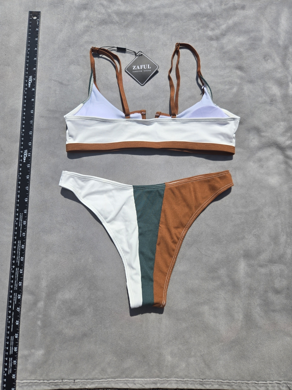 Zaful Colorblock V-Notch Triangle Bikini - White, Green & Brown - NEW - Picture 4 of 10
